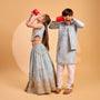 Shimmery Kurta With Open Jacket And Churidar twinning model image 3