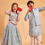 Shimmery Kurta With Open Jacket And Churidar twinning model image 4