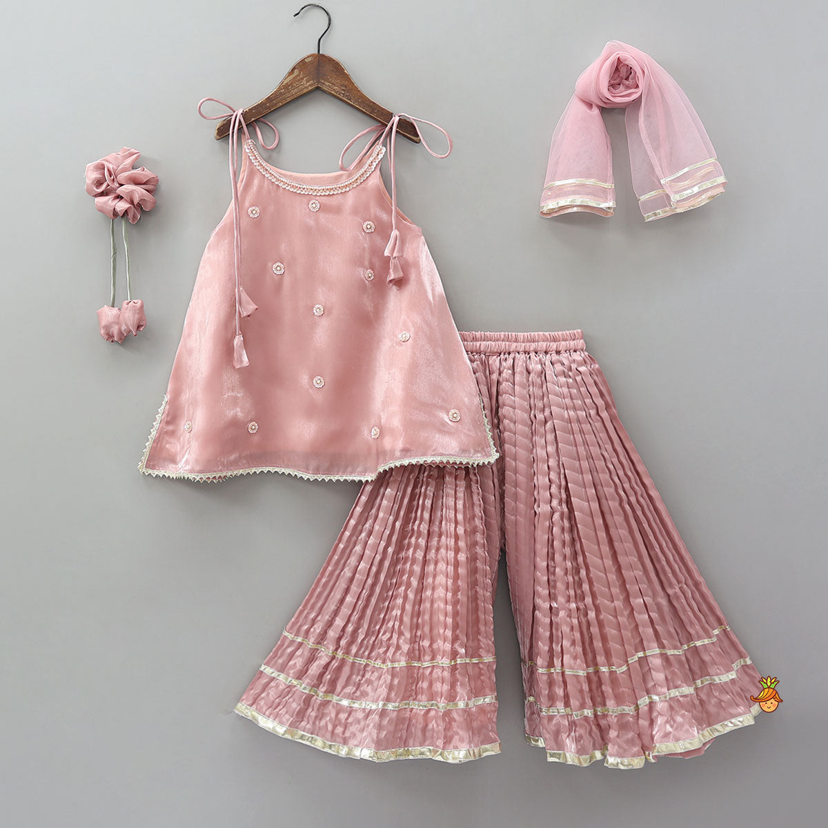 Pre Order: Sleeveless Sheen Kurti And Crushed Fabric Palazzo With Dupatta And Hair Tie