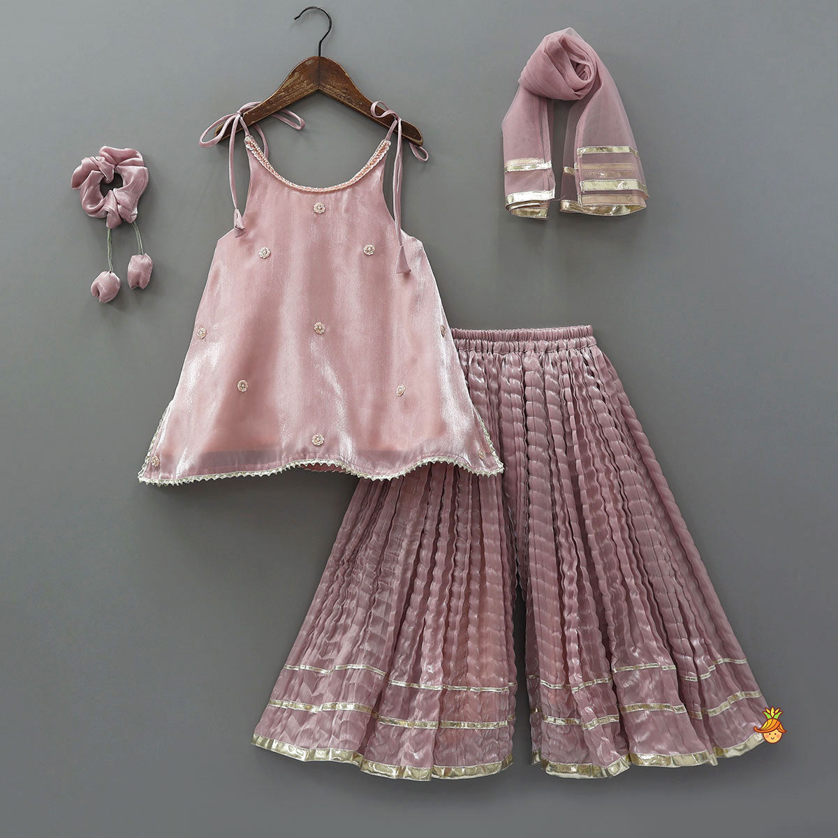 Pre Order: Sleeveless Sheen Kurti And Crushed Fabric Palazzo With Dupatta And Hair Tie
