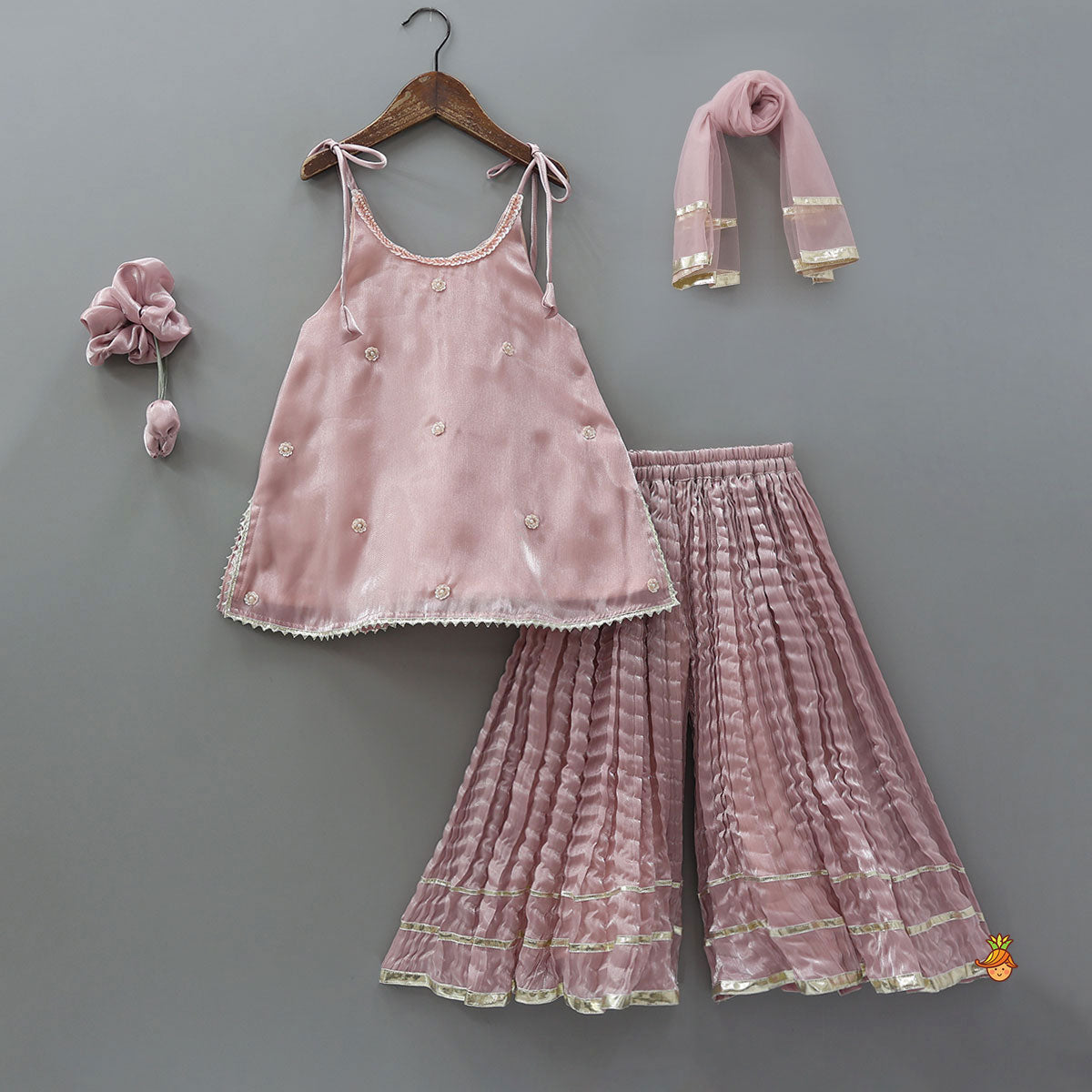 Pre Order: Sleeveless Sheen Kurti And Crushed Fabric Palazzo With Dupatta And Hair Tie