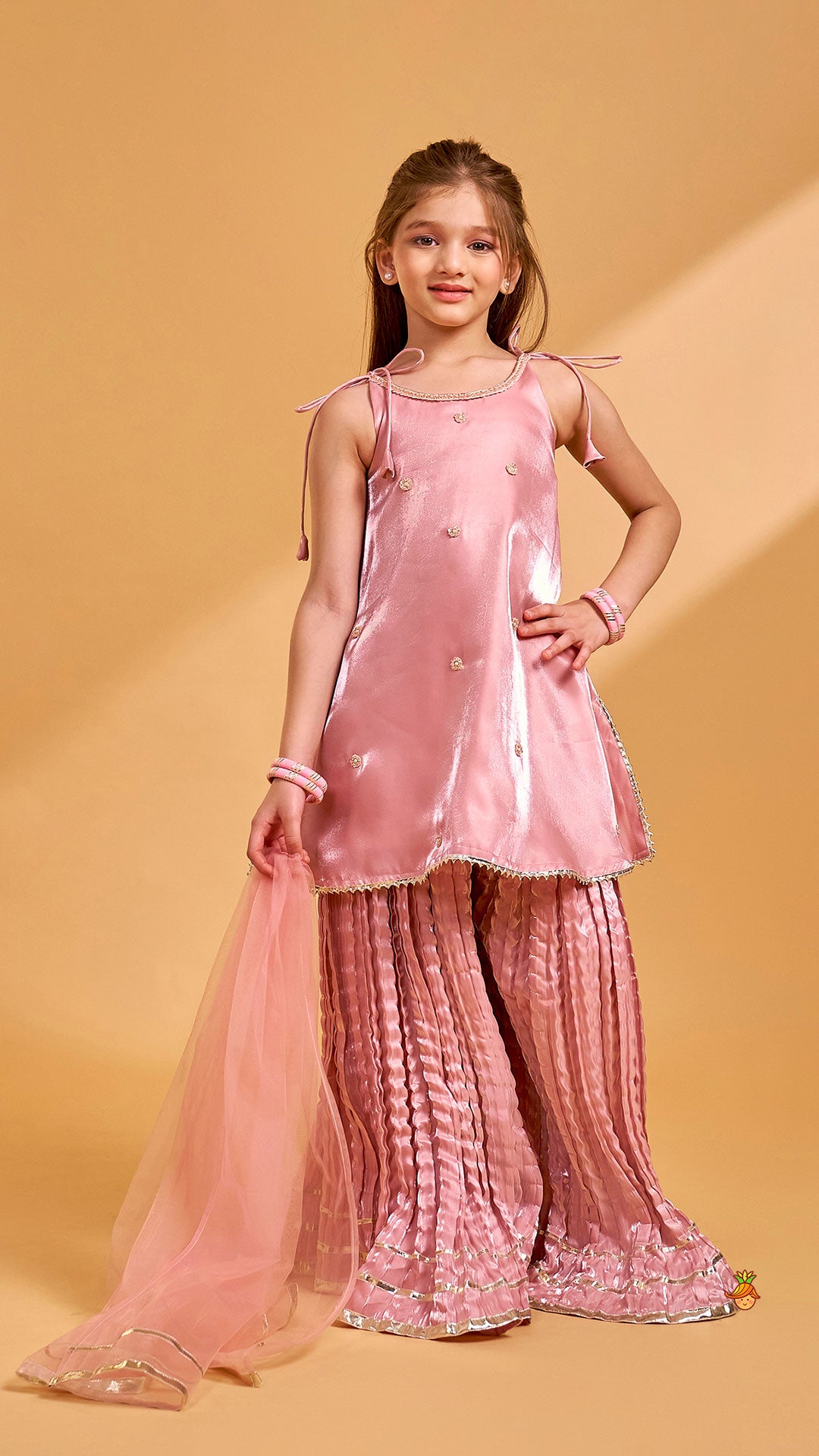 Pre Order: Sleeveless Kurti And Crushed Palazzo With Dupatta And Hair Tie