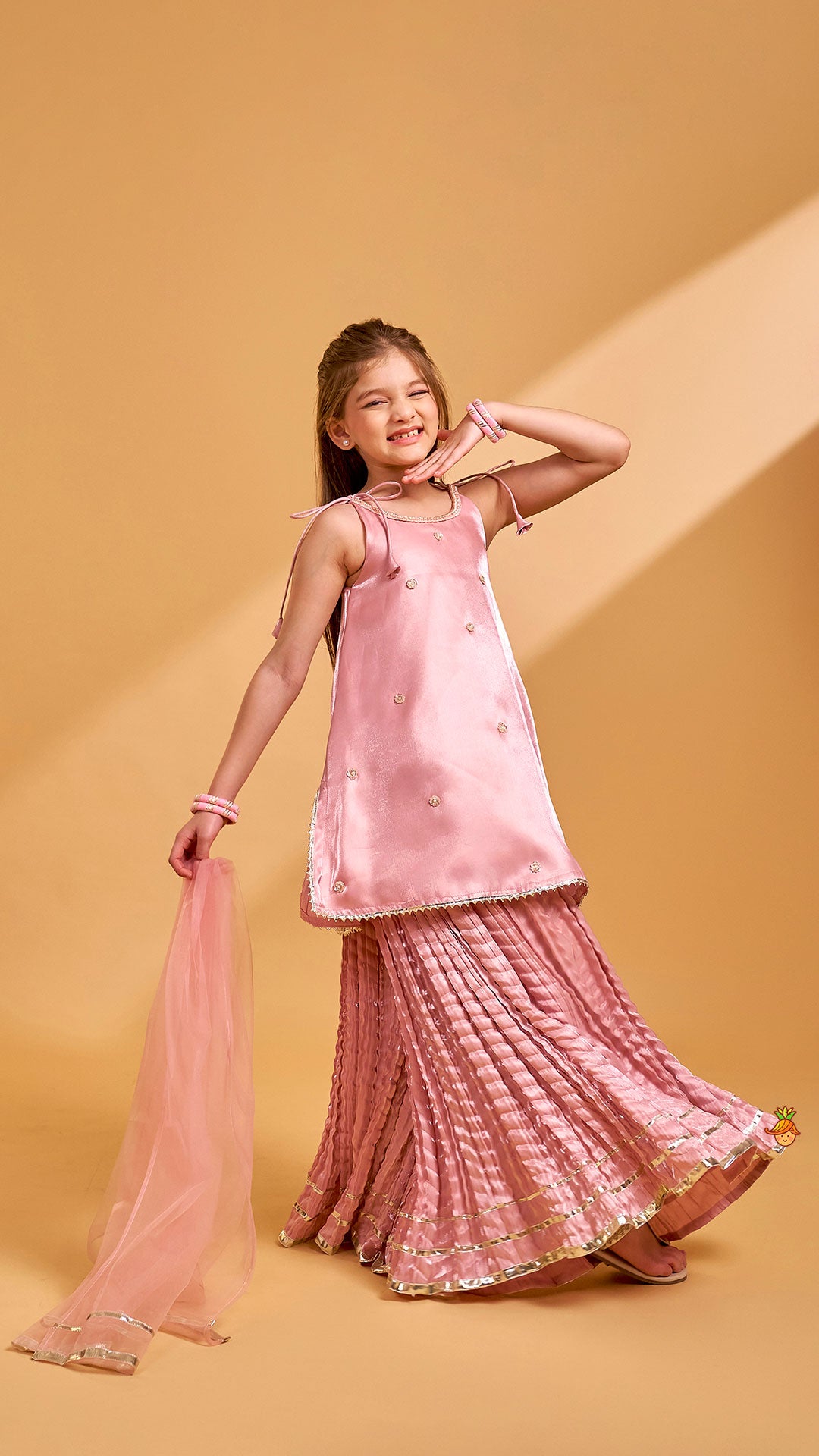 Pre Order: Sleeveless Kurti And Crushed Palazzo With Dupatta And Hair Tie