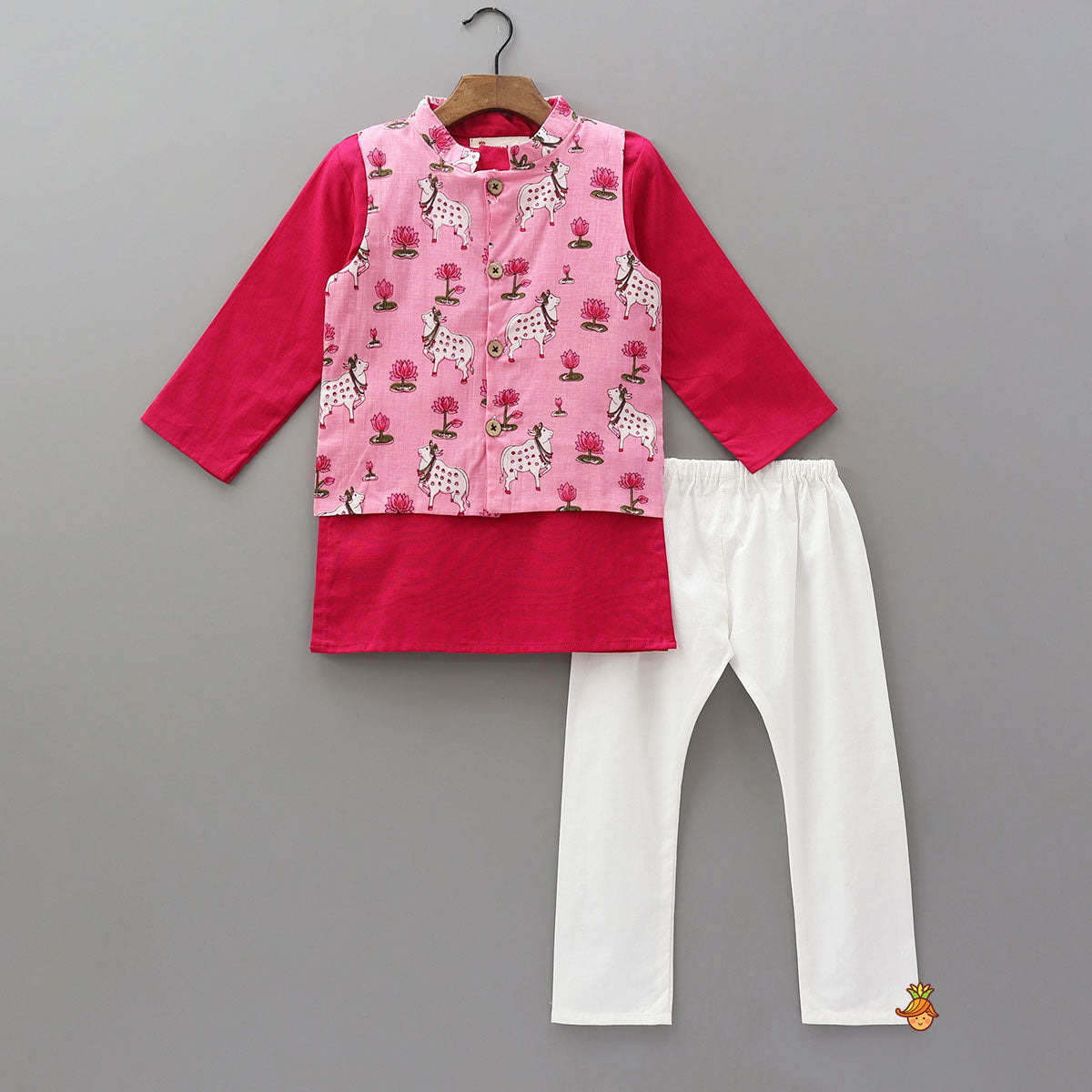 Festive Cotton Kurta With Printed Jacket And Pyjama