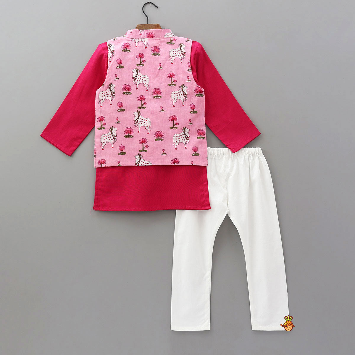 Festive Cotton Kurta With Printed Jacket And Pyjama