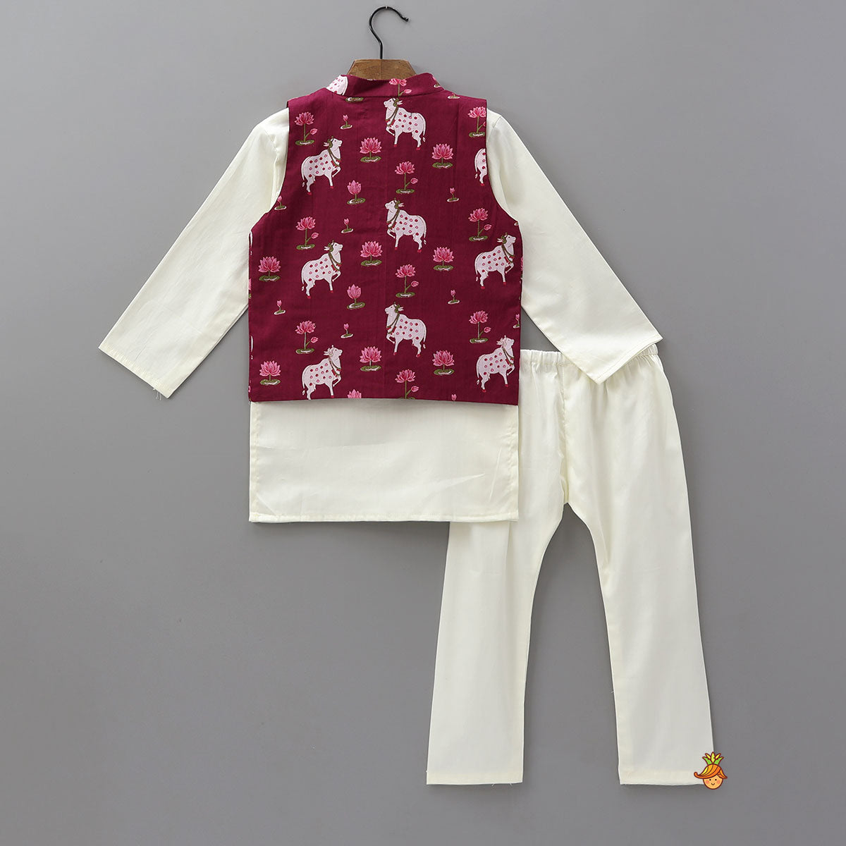 Festive Cotton Ethnic Kurta With Printed Jacket And Pyjama