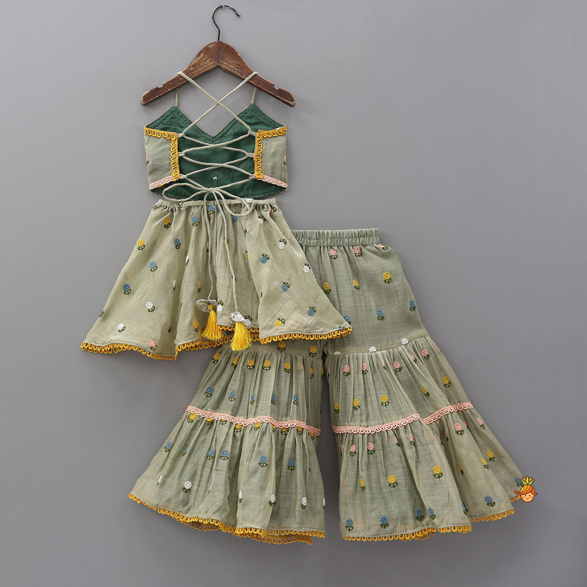 Floral Embroidered Stylish Backless Kurti With Sharara And Dupatta