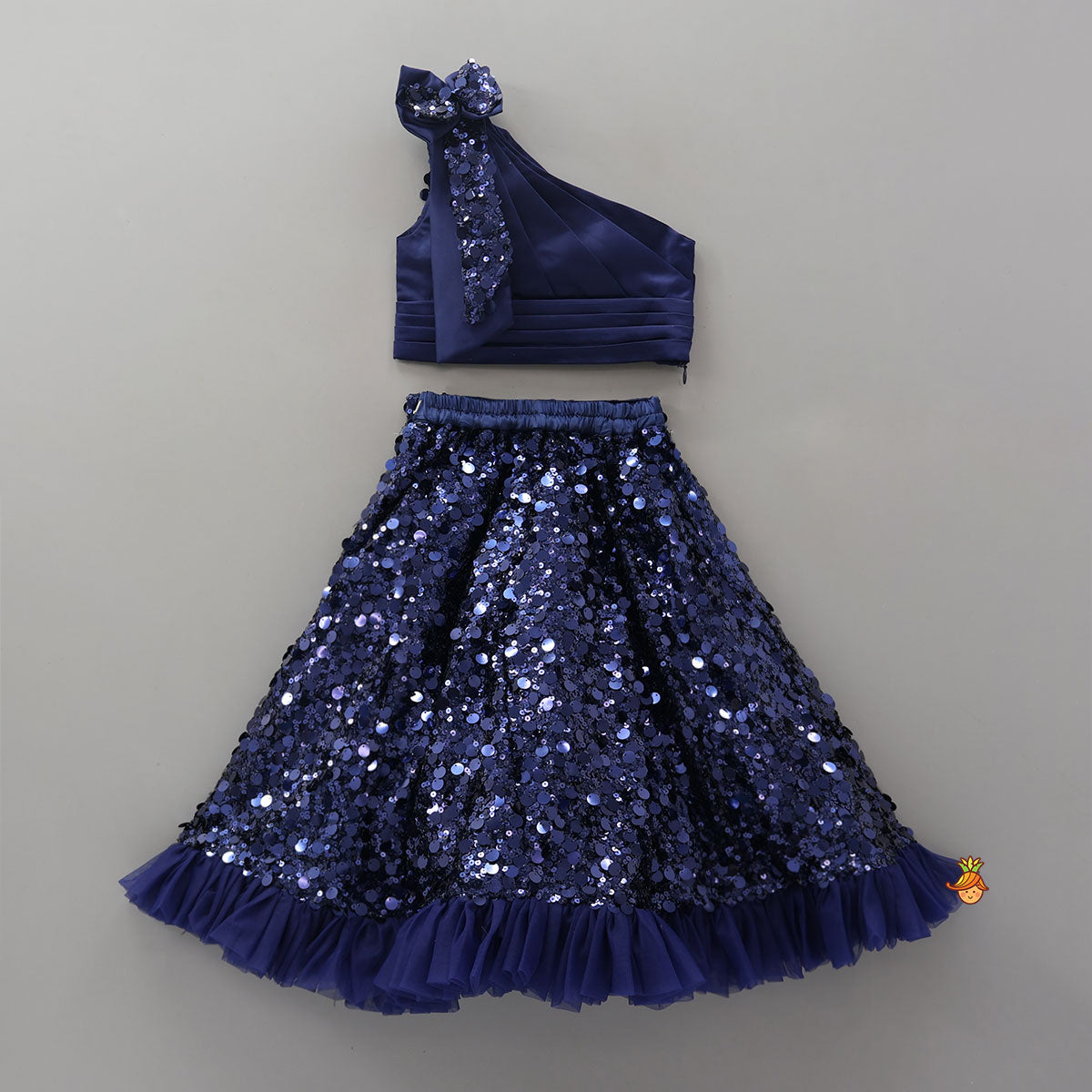 Pleated One Shoulder Crop Top And Gorgeous Sequined Lehenga