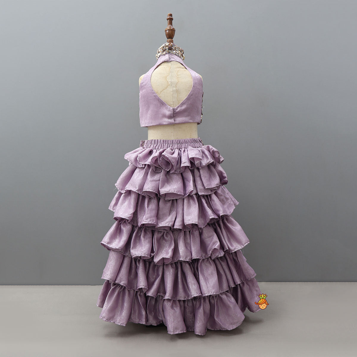 Hand Embroidered Shimmery Crop Top And Layered Lehenga