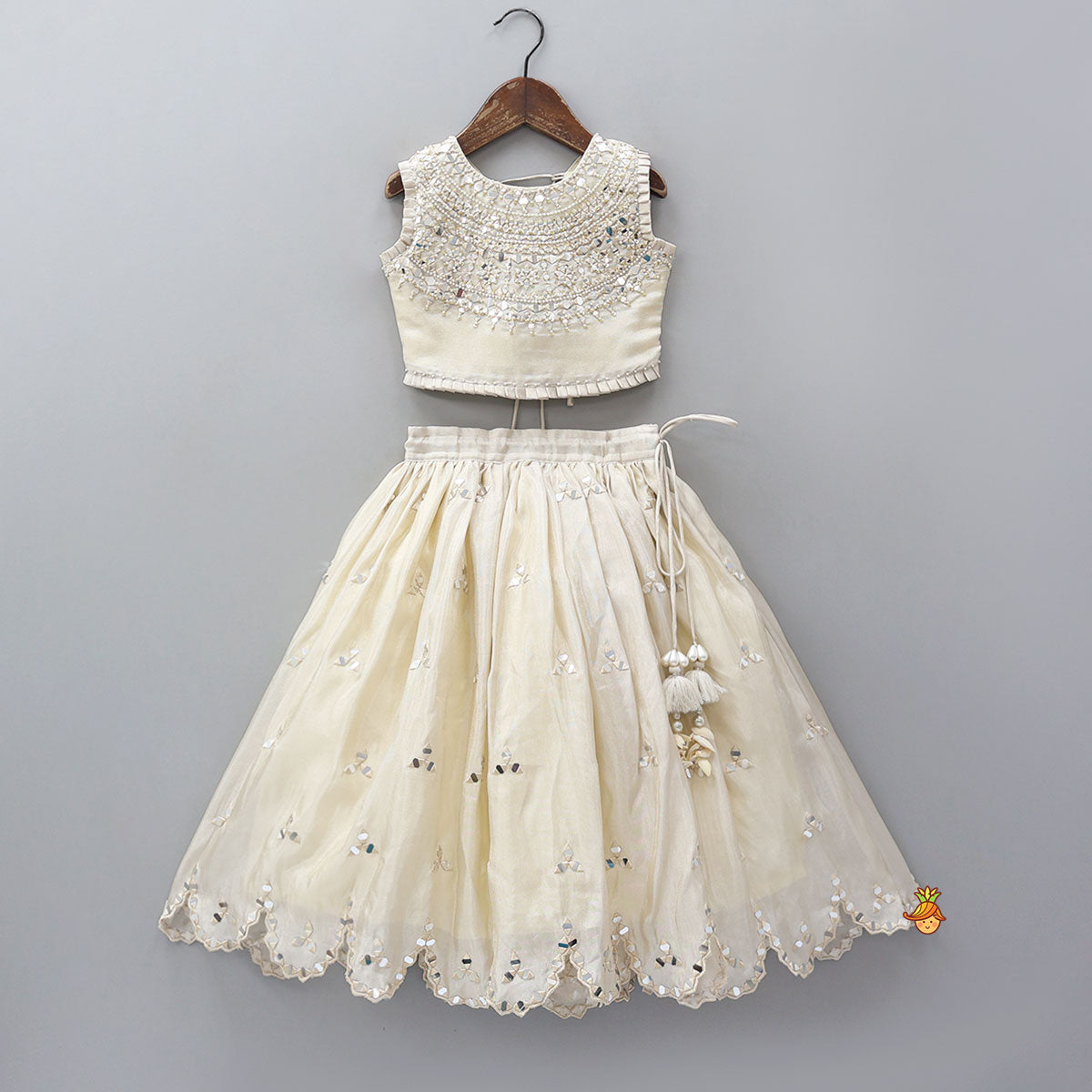 Pre Order: Faux Mirror Hand Work Shimmery Crop Top And Scalloped Lehenga With Matching Dupatta