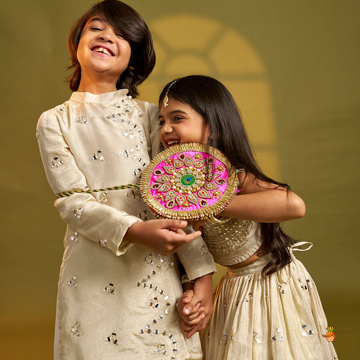 Faux Mirror Hand Work Shimmery Crop Top And Scalloped Lehenga With Matching Dupatta twinning model image 3