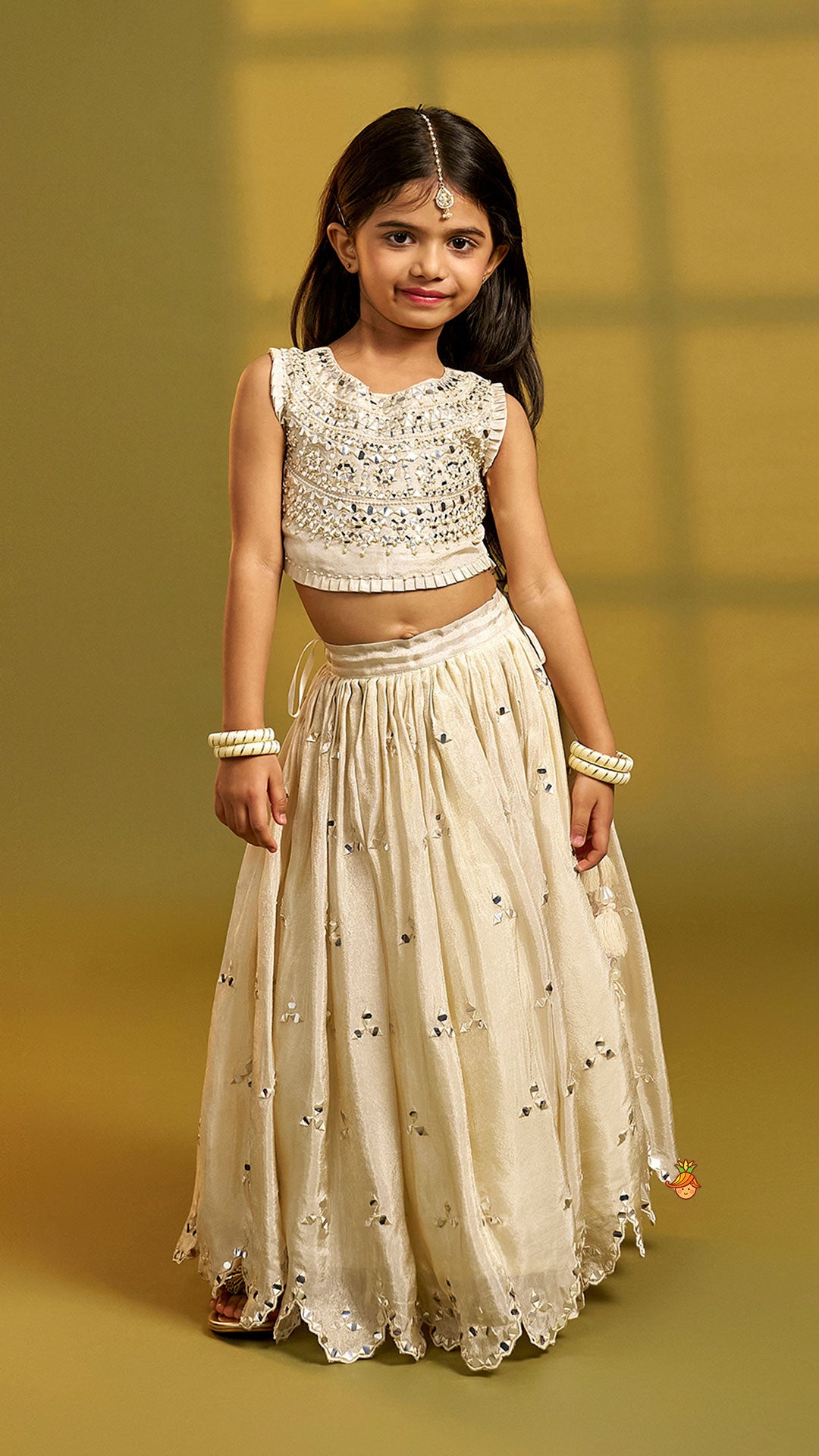 Pre Order: Faux Mirror Hand Work Shimmery Crop Top And Scalloped Lehenga With Matching Dupatta