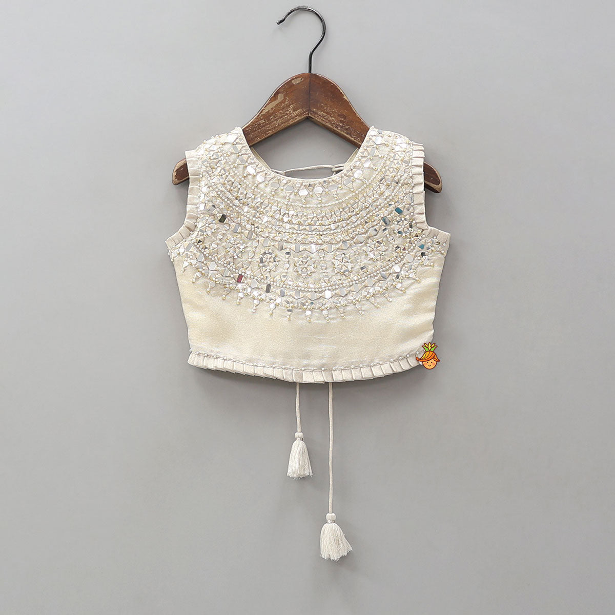 Pre Order: Faux Mirror Hand Work Shimmery Crop Top And Scalloped Lehenga With Matching Dupatta