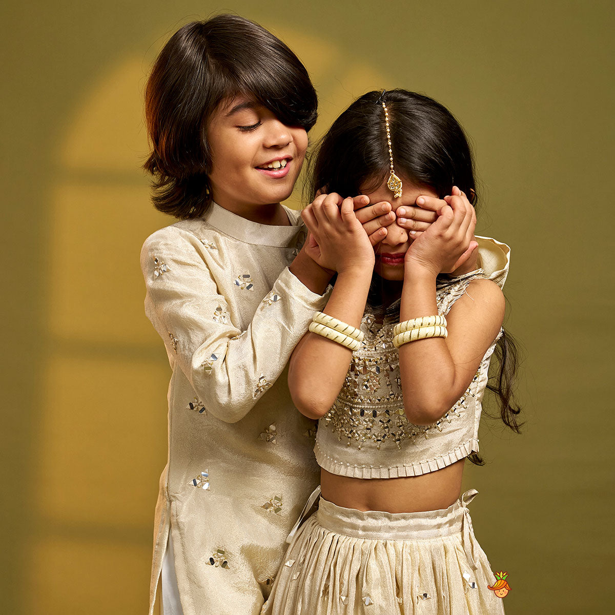 Faux Mirror Hand Work Shimmery Crop Top And Scalloped Lehenga With Matching Dupatta twinning model image 4