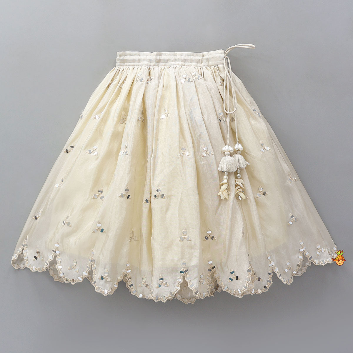 Pre Order: Faux Mirror Hand Work Shimmery Crop Top And Scalloped Lehenga With Matching Dupatta