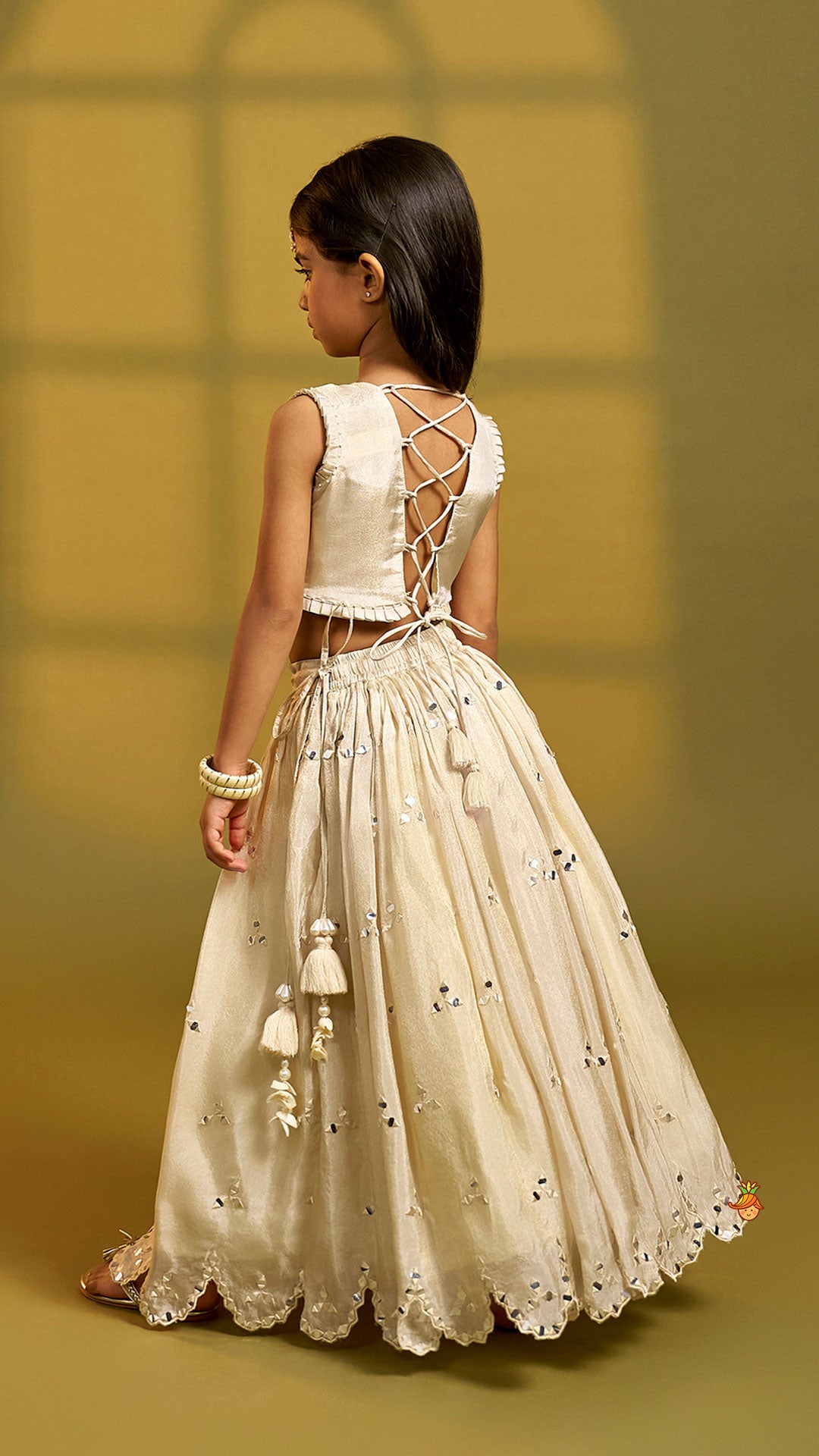 Pre Order: Faux Mirror Hand Work Shimmery Crop Top And Scalloped Lehenga With Matching Dupatta