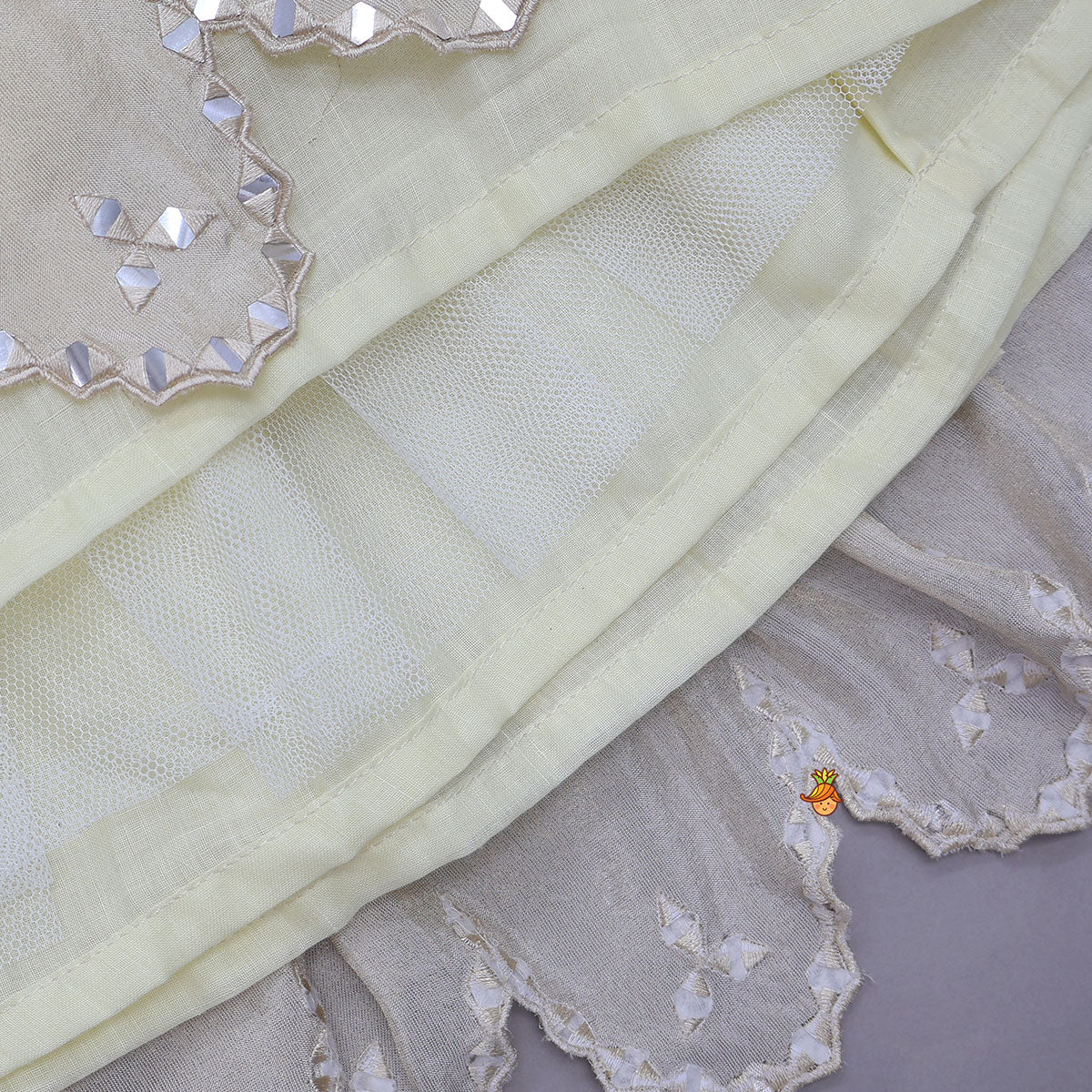 Pre Order: Faux Mirror Hand Work Shimmery Crop Top And Scalloped Lehenga With Matching Dupatta