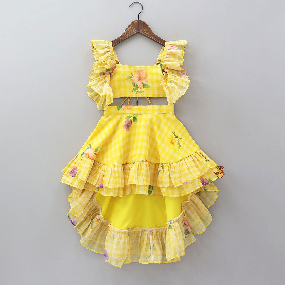 Pre Order: Floral Printed Criss Cross Knot Detail Crop Top And High Low Skirt With Hairband