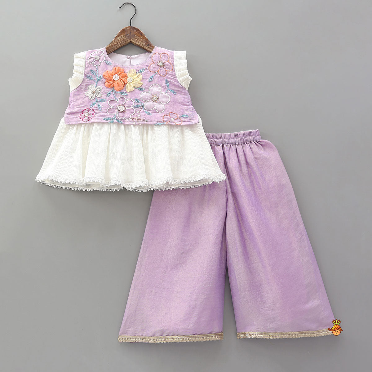 Pre Order: 3D Fabric Flowers Hand Embroidered Shimmery Top And Palazzo