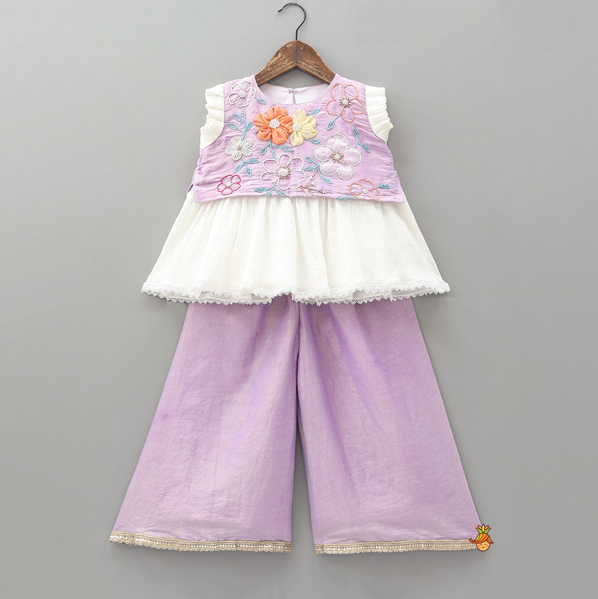 Pre Order: 3D Fabric Flowers Hand Embroidered Shimmery Top And Palazzo