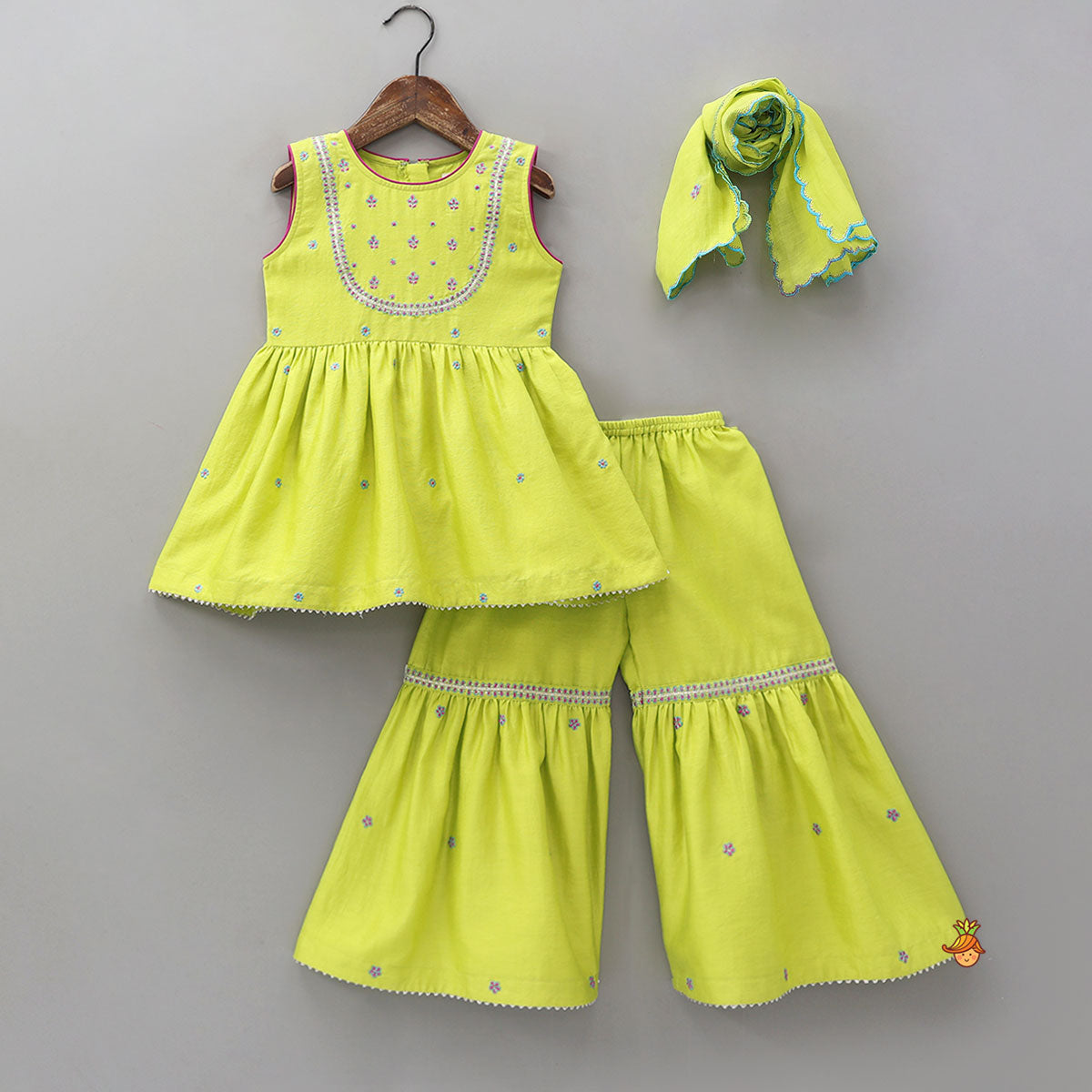 Pre Order: Booti Work Kurti And Sharara With Matching Scalloped Dupatta