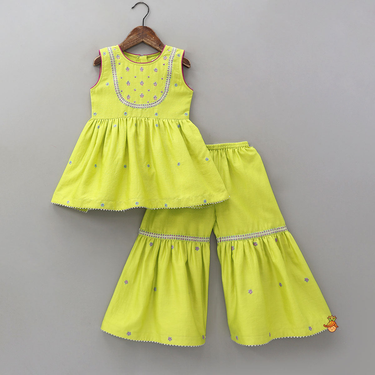 Pre Order: Booti Work Kurti And Sharara With Matching Scalloped Dupatta