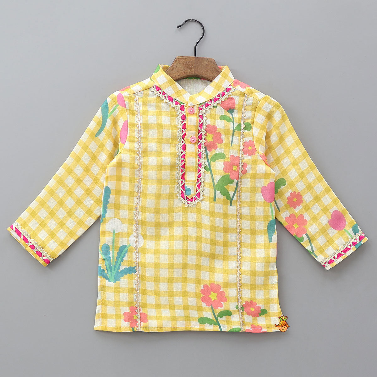Floral Printed Kurta With Checked Dhoti