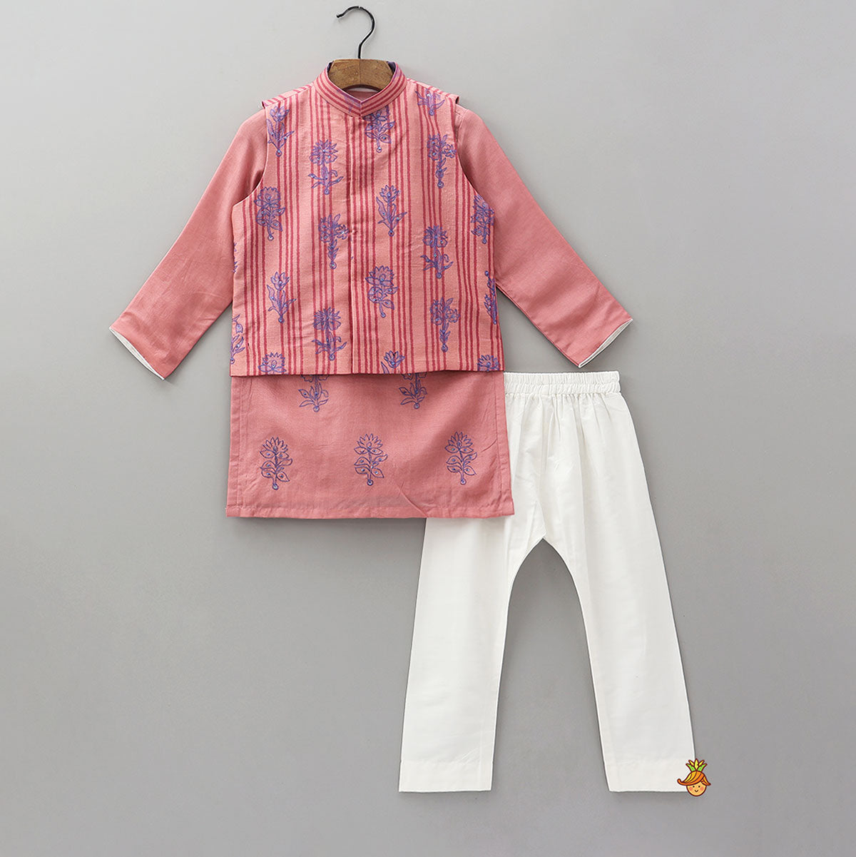 Pre Order: Thread Embroidered Ethnic Kurta With Floral Jacket And Pyjama