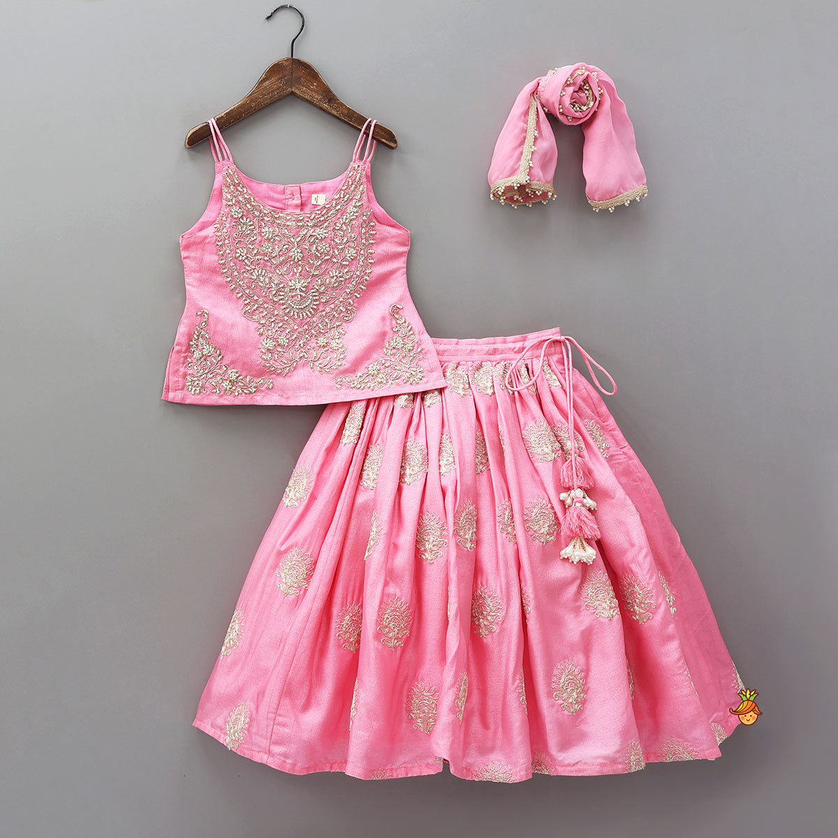 Pre Order: Hand Embroidered Strappy Top And Lehenga With Dupatta