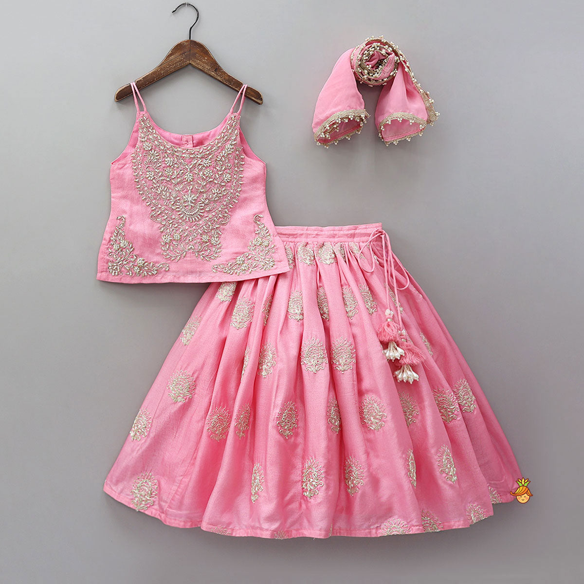 Pre Order: Hand Embroidered Strappy Top And Lehenga With Dupatta