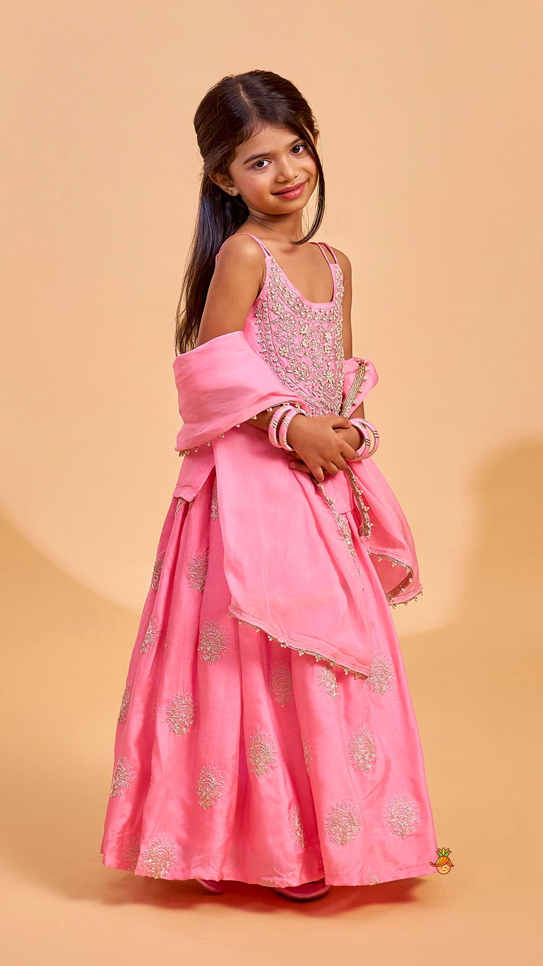 Pre Order: Hand Embroidered Strappy Top And Lehenga With Dupatta