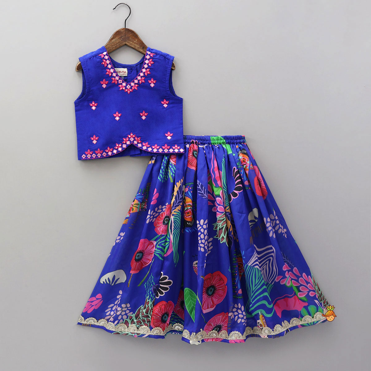 Pre Order: Faux Mirror Work Top And Printed Lehenga