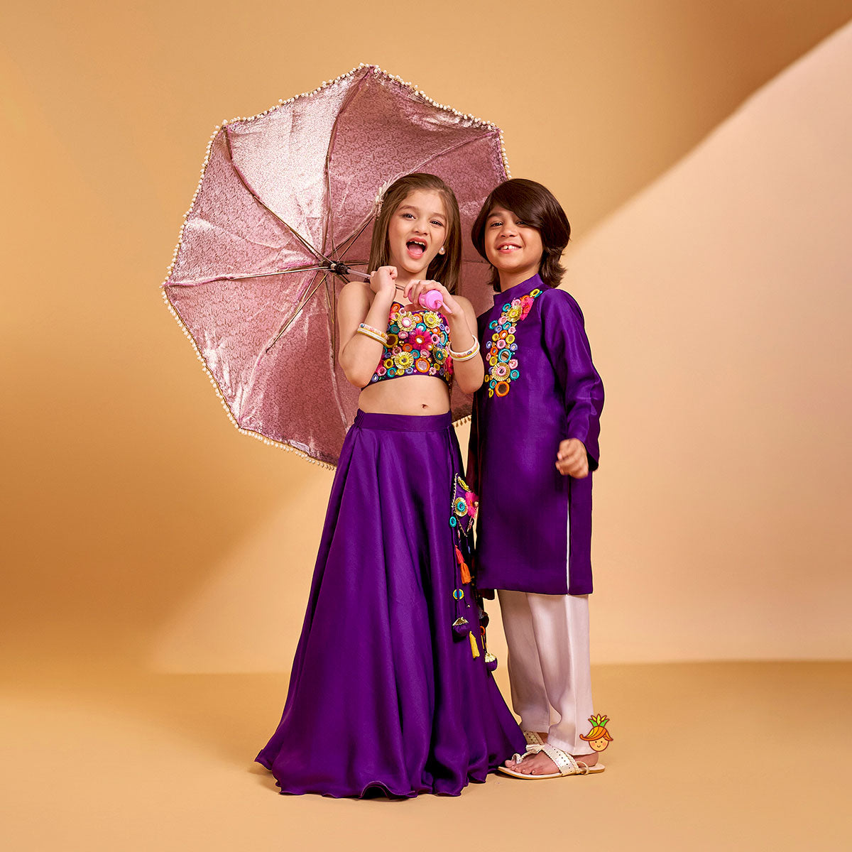 Mirror Work Strappy Crop Top And Lehenga twinning model image 2