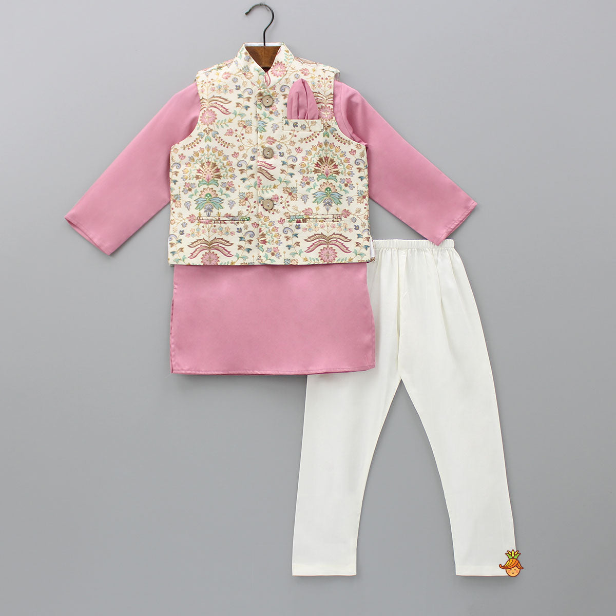 Kurta With Floral Printed Thread Work Jacket And Pyjama
