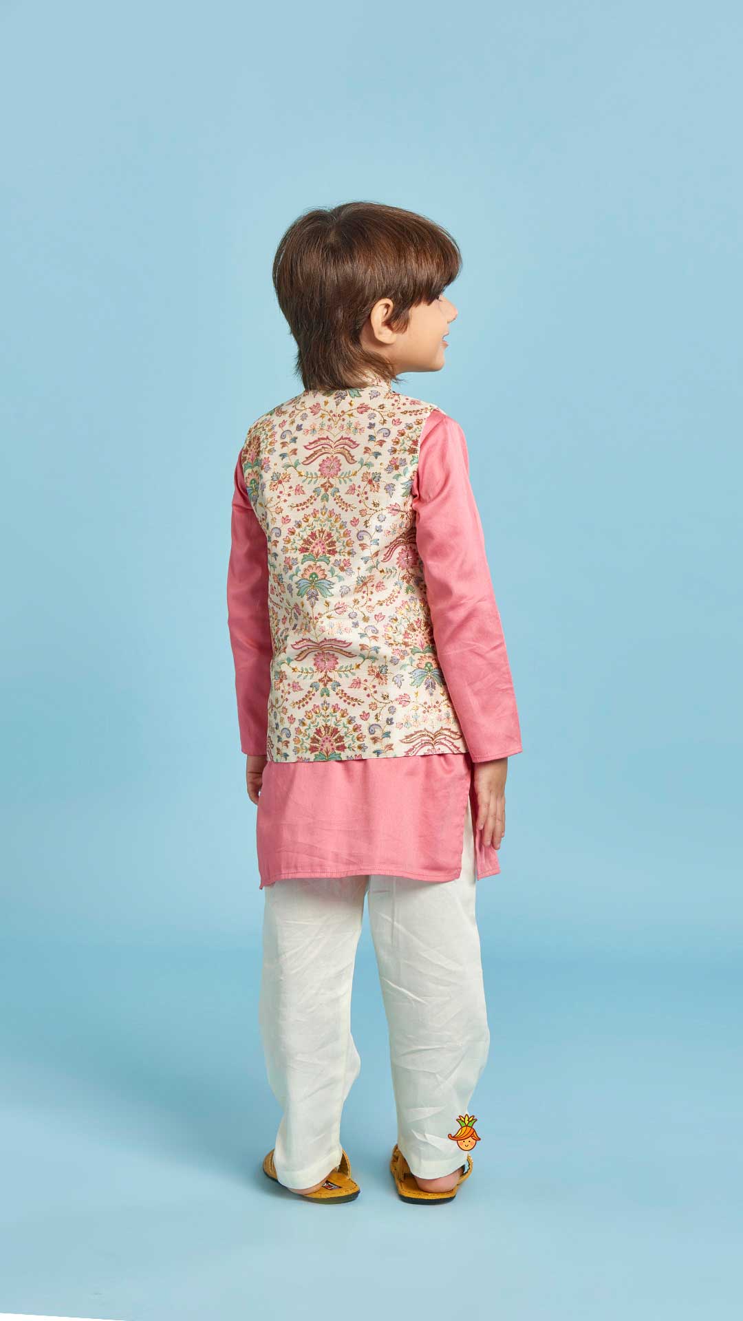 Kurta With Floral Printed Thread Work Jacket And Pyjama