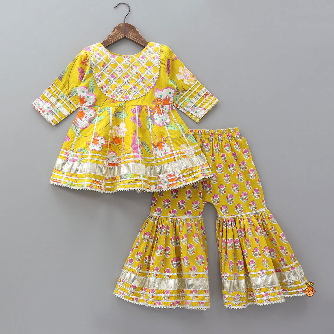Gota Lace Work Printed Kurti And Sharara With Dupatta