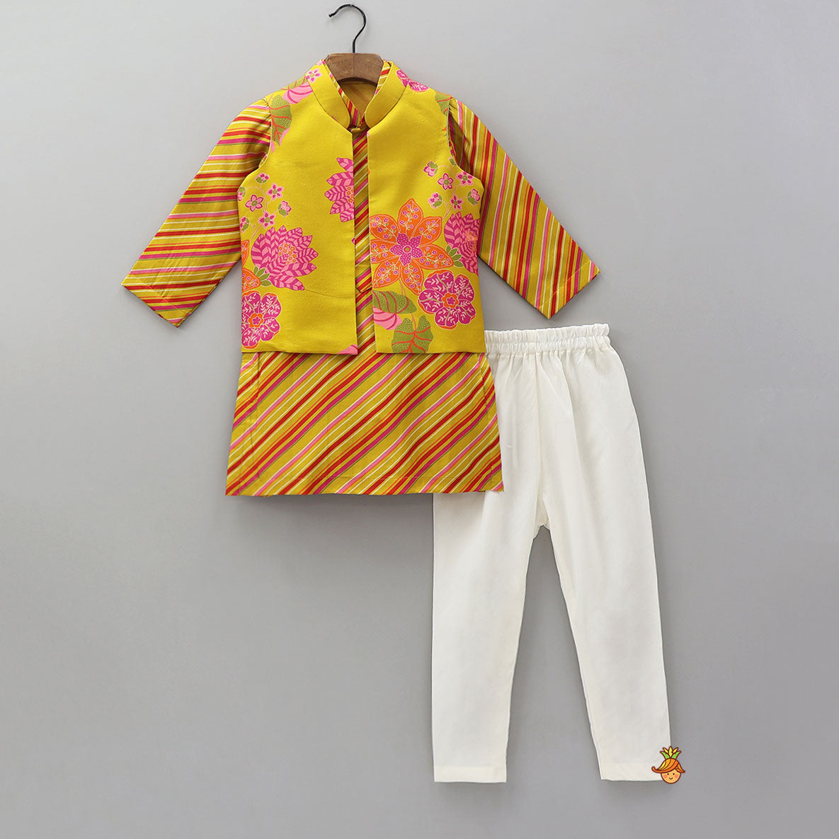 Pre Order: Striped Kurta With Front-Open Floral Jacket And Churidar