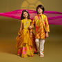 Striped Kurta With Front-Open Floral Jacket And Churidar twinning model image 1