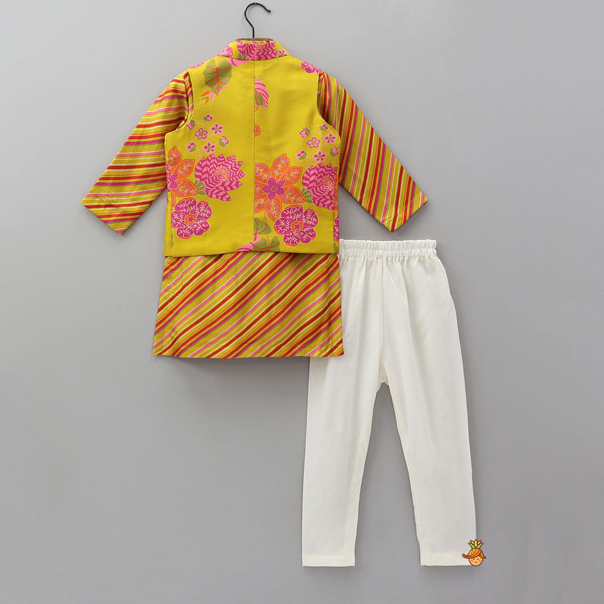 Pre Order: Striped Kurta With Front-Open Floral Jacket And Churidar