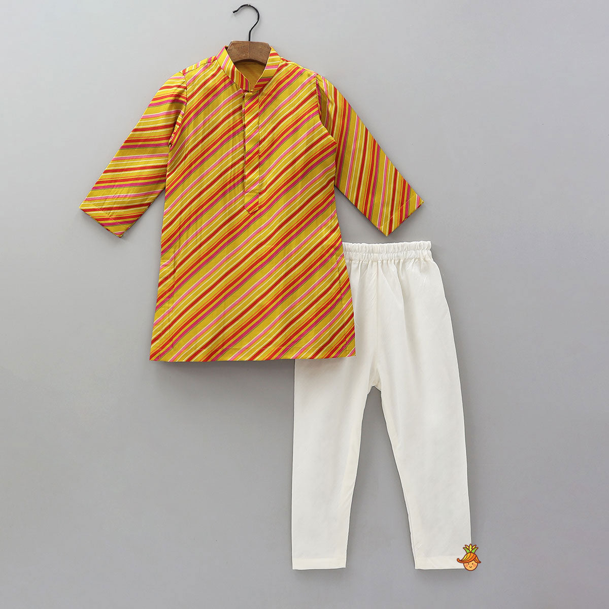 Pre Order: Striped Kurta With Front-Open Floral Jacket And Churidar