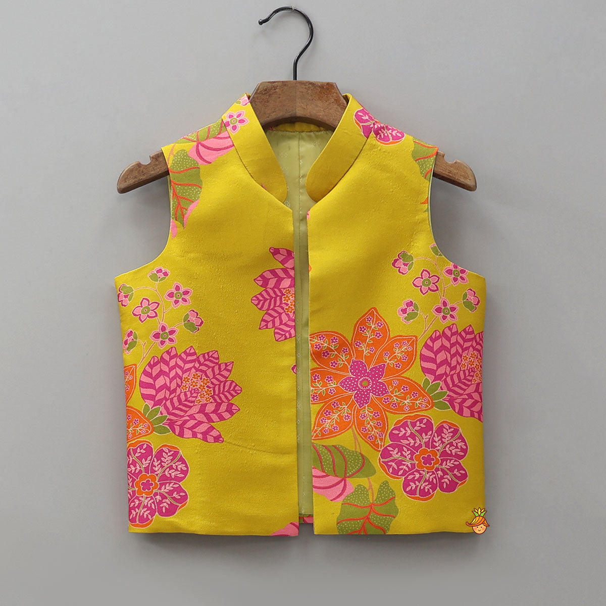 Pre Order: Striped Kurta With Front-Open Floral Jacket And Churidar