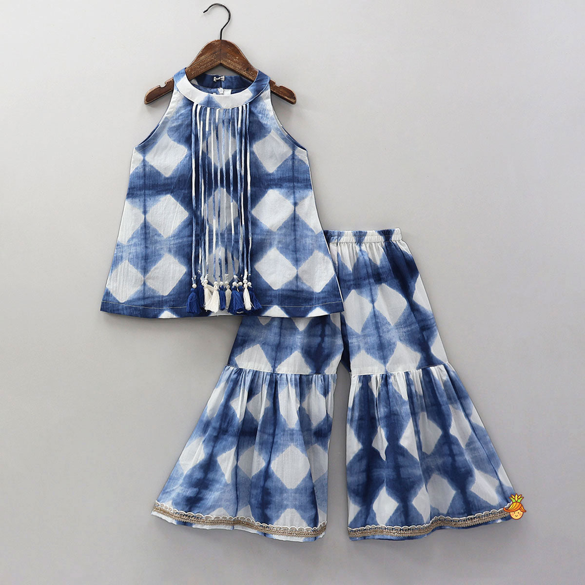 Pre Order: Hanging Fringes Tassel Detail Printed Kurti And Sharara