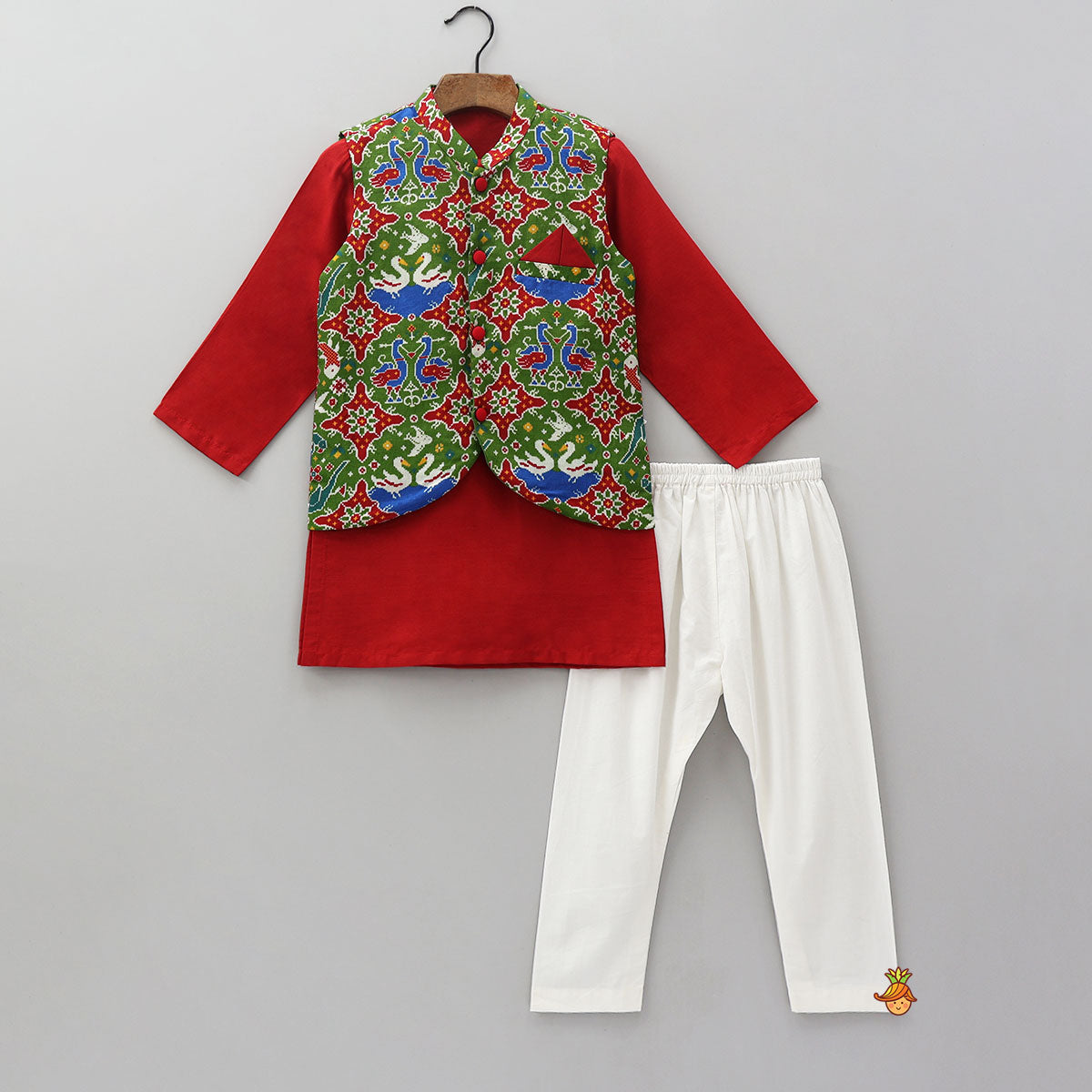 Pre Order: Kurta With Pocket Square Ethnic Printed Jacket And Pyjama