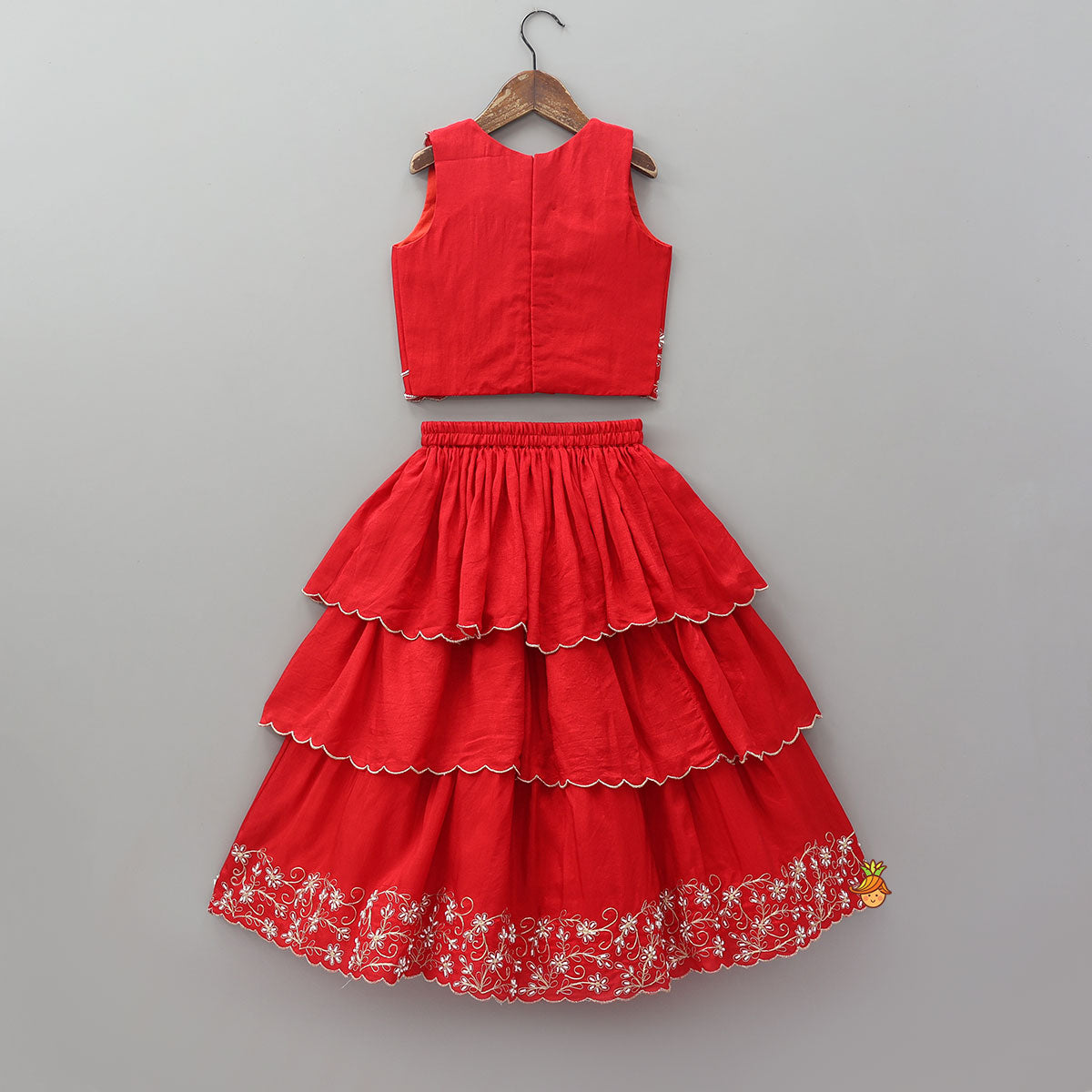 Pre Order: Overlap Style Crop Top and Layered Lehenga With Matching Dupatta
