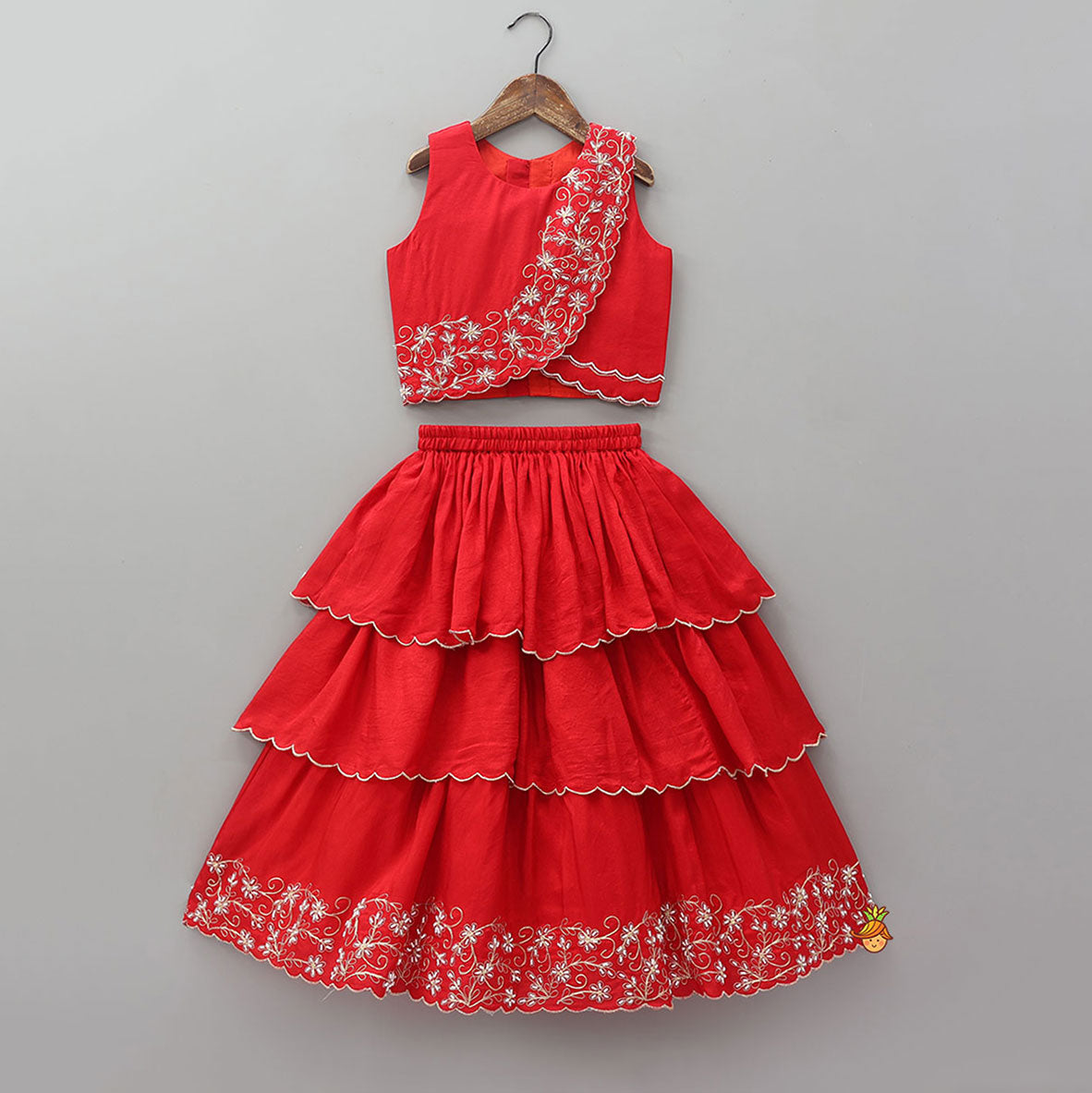 Pre Order: Overlap Style Crop Top and Layered Lehenga With Matching Dupatta