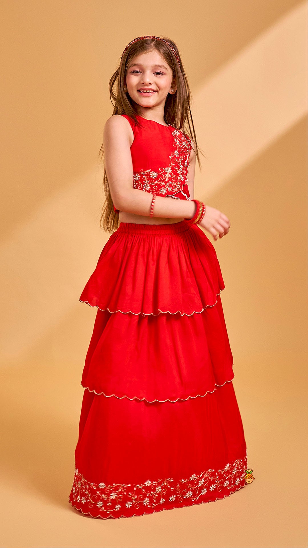 Pre Order: Overlap Style Crop Top and Layered Lehenga With Matching Dupatta