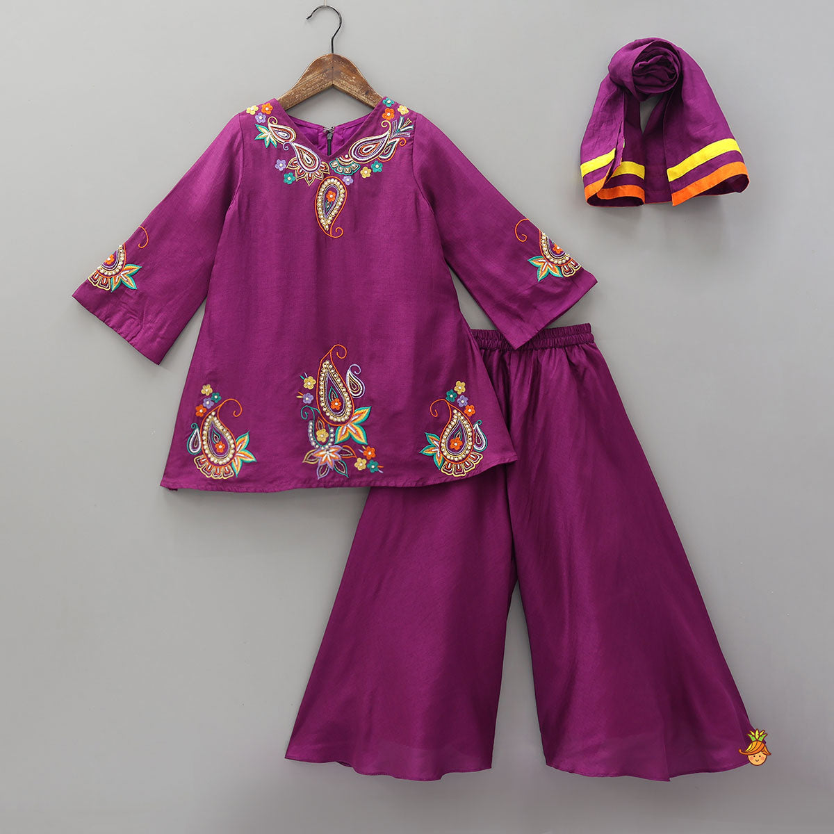 Pre Order: Paisley Embroidered Kurti With Palazzo And Dupatta