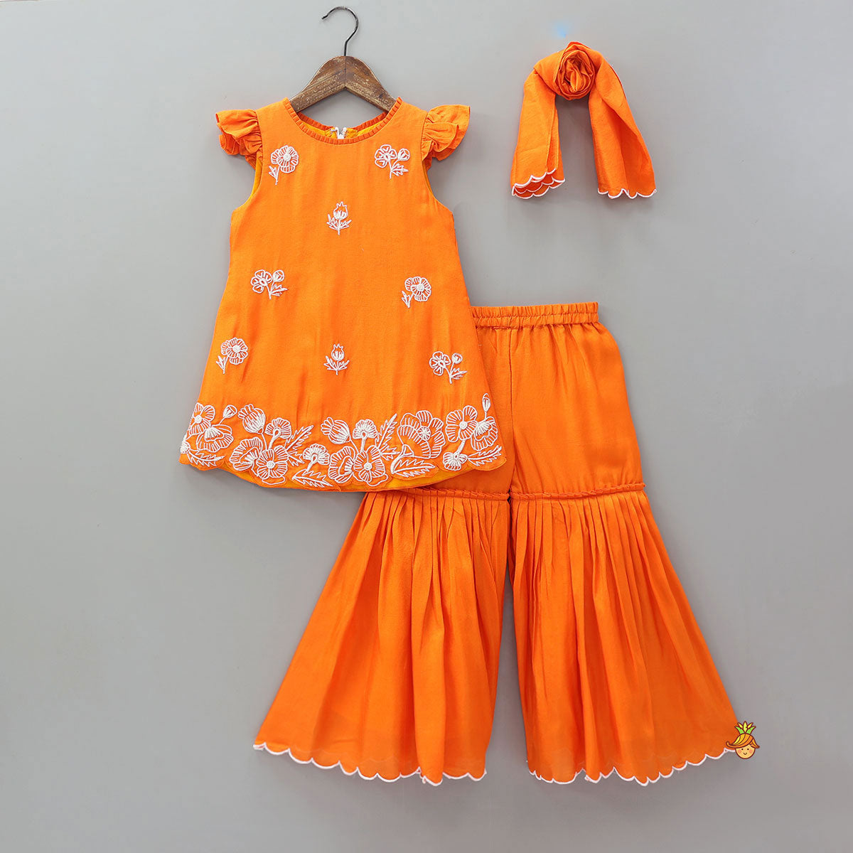 Pre Order: Floral Embroidered Kurti With Sharara And Dupatta