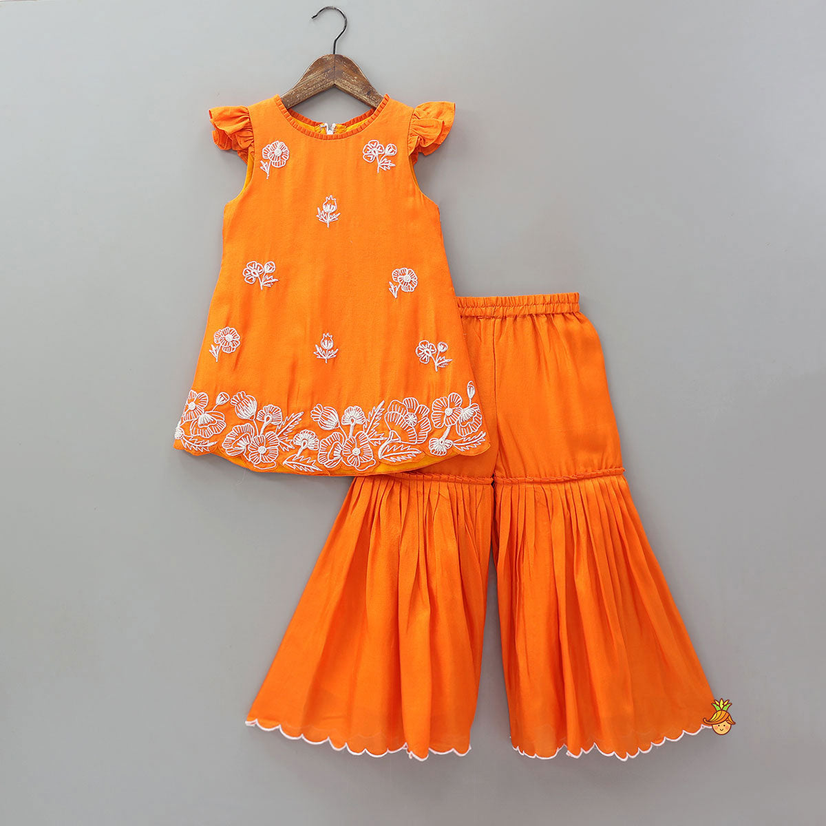 Pre Order: Floral Embroidered Kurti With Sharara And Dupatta