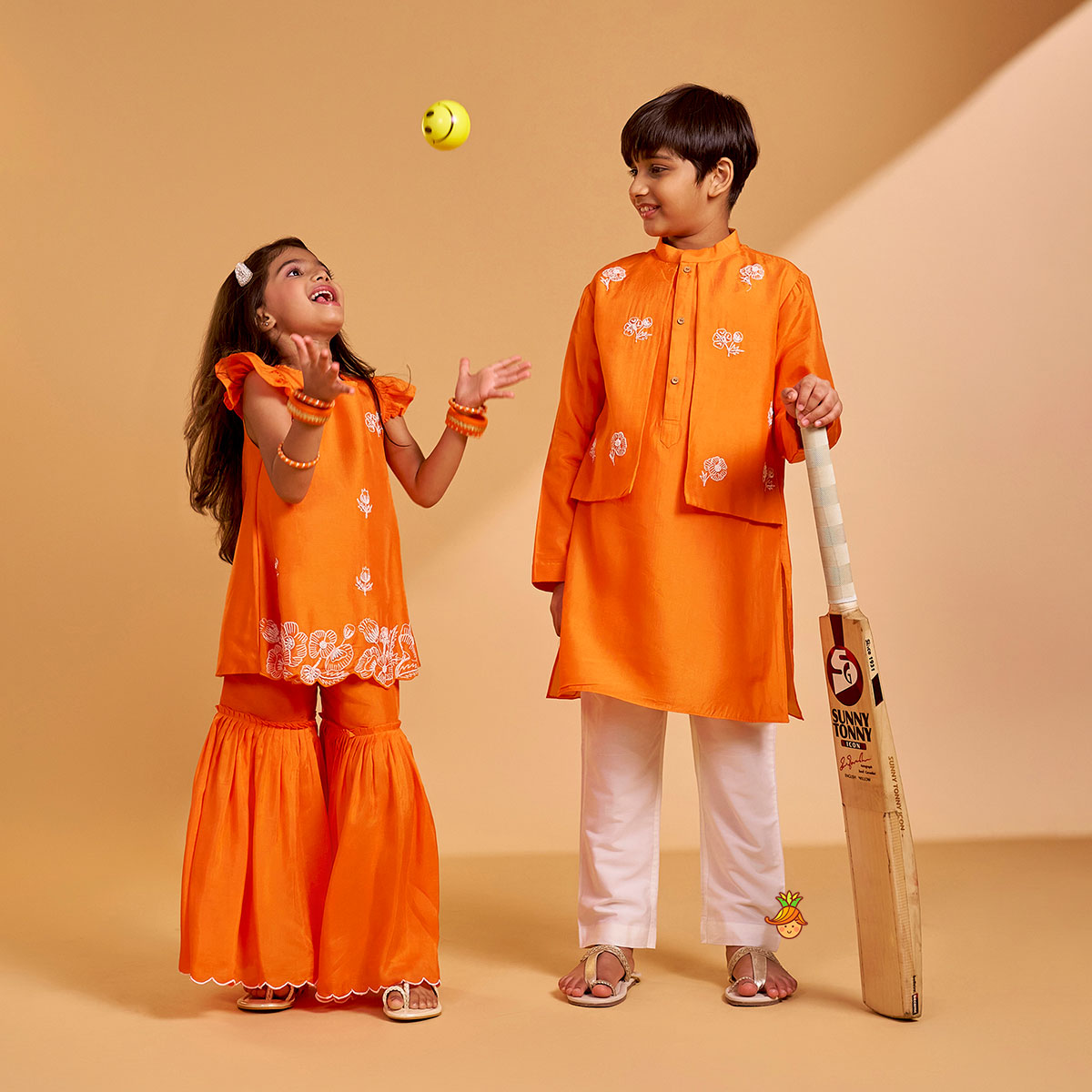 Floral Embroidered Kurti With Sharara And Dupatta twinning model image 3